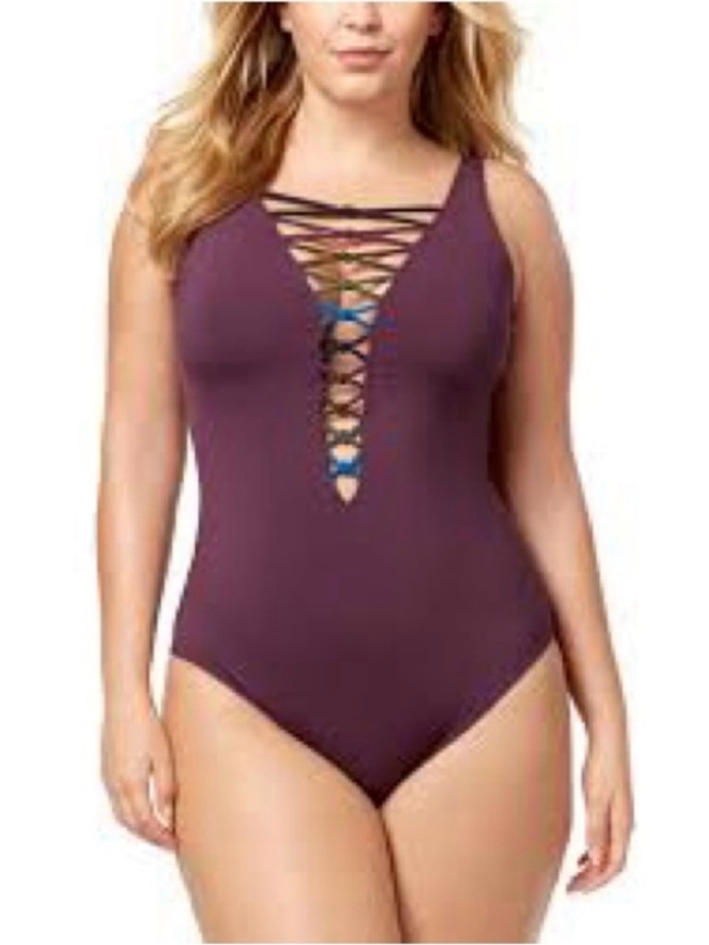 Bleu Rod Beattie Lets Get Knotty One Piece Swimsuit 16W Purple Padded Plunge NWT